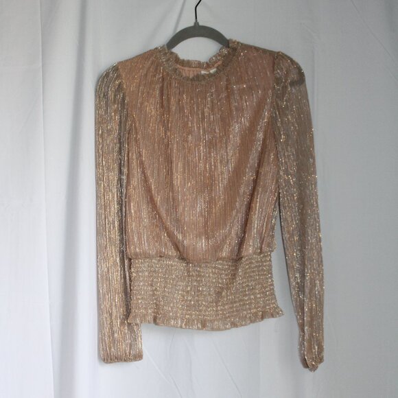 NWT Joie Shimmer Holiday Blouse Gold High Neck Smocked Waist Long Sleeve Size S - Picture 1 of 15